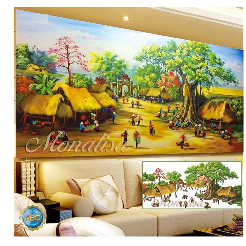 Tranh thêu đồng quê KT:120x60cm,160x70cm,Tranh chưa thêu.Tặng kéo và xỏ chỉ.