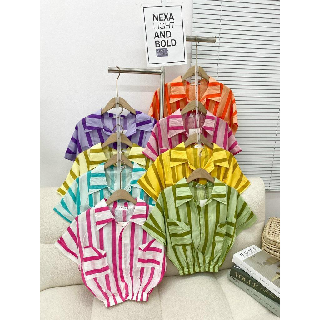 Áo sơ mi nữ cộc tay bo gấu Thoyeufashion, Sơmi kẻ nhiều màu tay hến đi biển đi chơi siêu xinh