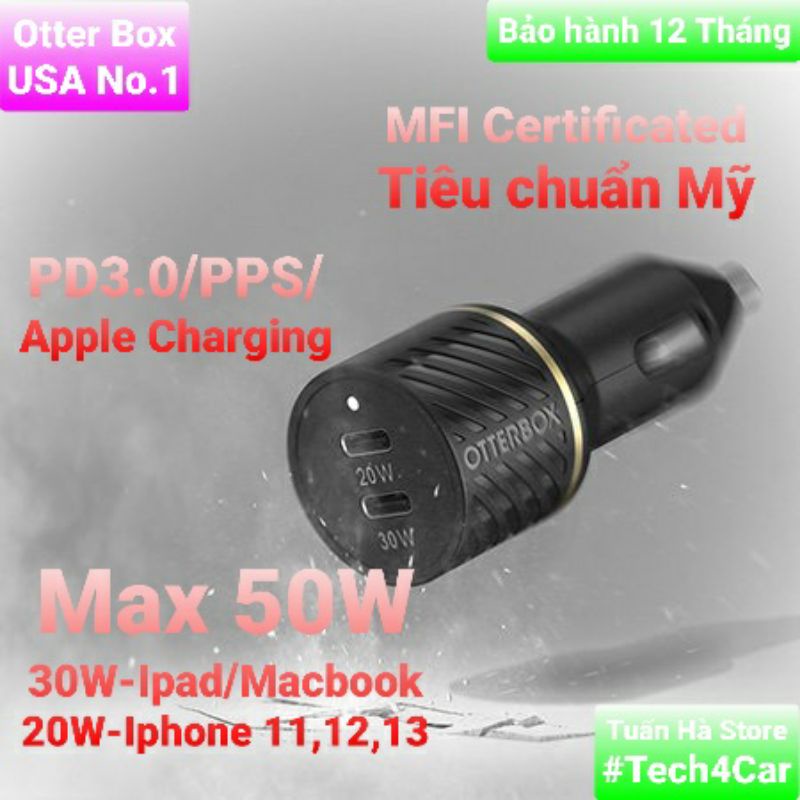 Tẩu sạc siêu nhanh ô tô xe hơi 2 cổng OtterBox 50W 30W 20W cho Iphone 12 13 Pro Max S20 S21 S22 Note 20 Tuấn Hà Store