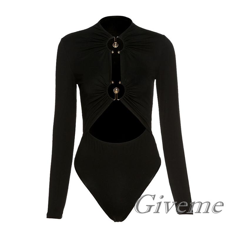 Bộ Áo Liền Quần Tay Dài Màu Trơn Khoét Lỗ Có Vòng Kim Loại Màu Đen Dành Cho Nữ