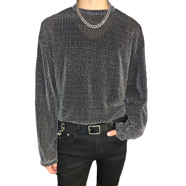 Áo thun INCERUN dáng rộng cổ tròn vải lưới xuyên thấu phối kim tuyến thời trang mùa thu cho nam