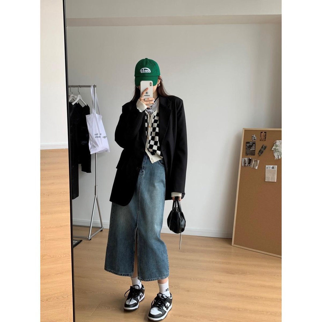 Váy jean dáng chữ A lưng cao thiết kế phong cách thời trang Hàn Quốc