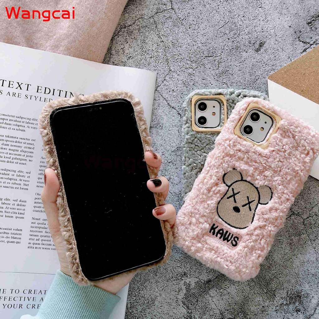 Ốp điện thoại phối lông mềm thêu hình KAWS kiểu mùa đông xinh xắn cho Huawei Y5 Prime 2018 Y7 P9 P8 Nova Lite GR3 2017