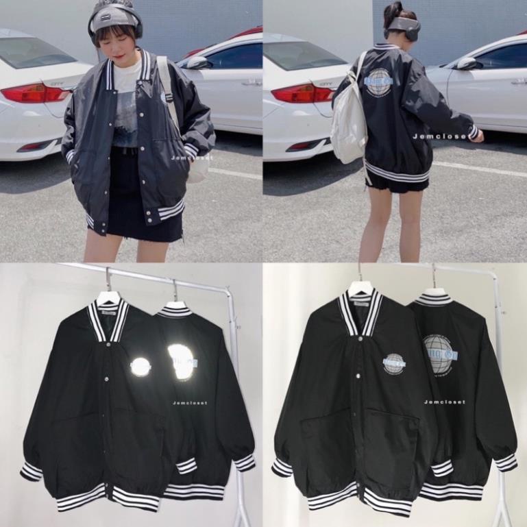 Áo Khoác Bomber Jacket Kaki 1 Lớp Form Rộng Phản Quang Logo Tròn Freesize Nam Nữ Ullzang Unisex