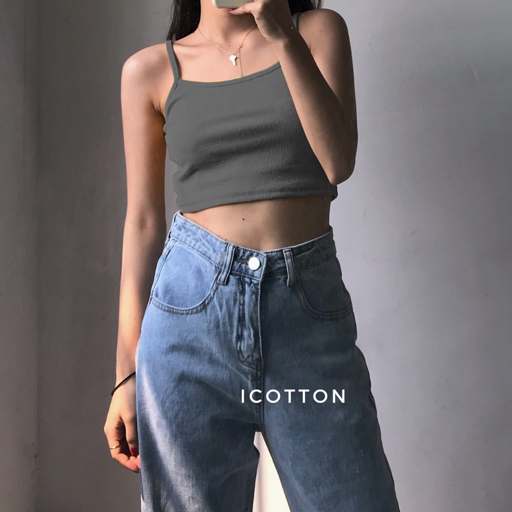 Áo 2 dây croptop nữ ❤️iCotton❤️ Áo 2 dây nữ dáng ngắn 100% cotton trắng đen cao cấp
