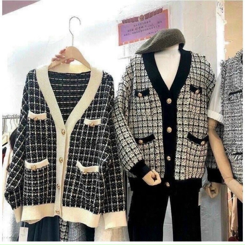 Cadigan len nữ sọc, dáng len chùm mông vintage