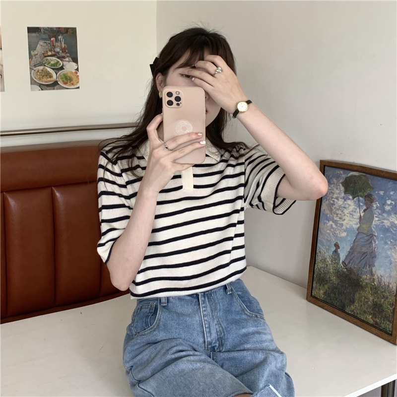 51704 Áo Sơ Mi POLO Dệt Kim Sọc Dễ Phối Đồ