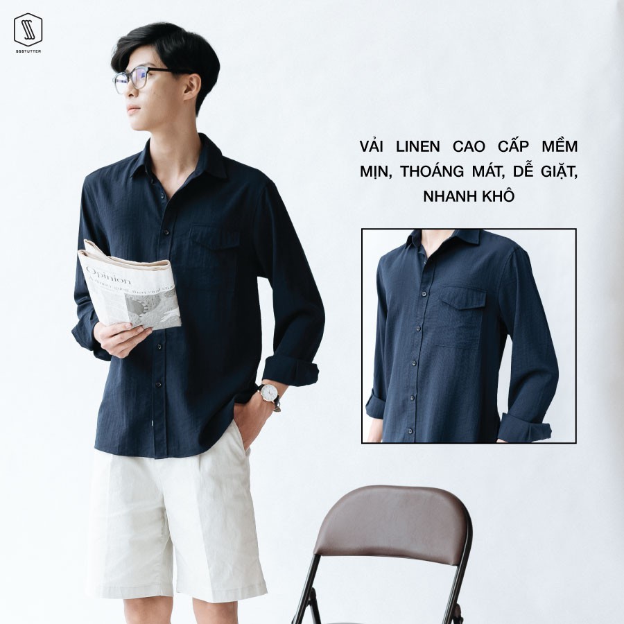 Áo Sơ mi Nam tay dài túi ngực có nắp SSSTUTTER Vải Linen siêu thoáng mát Letter Shirt