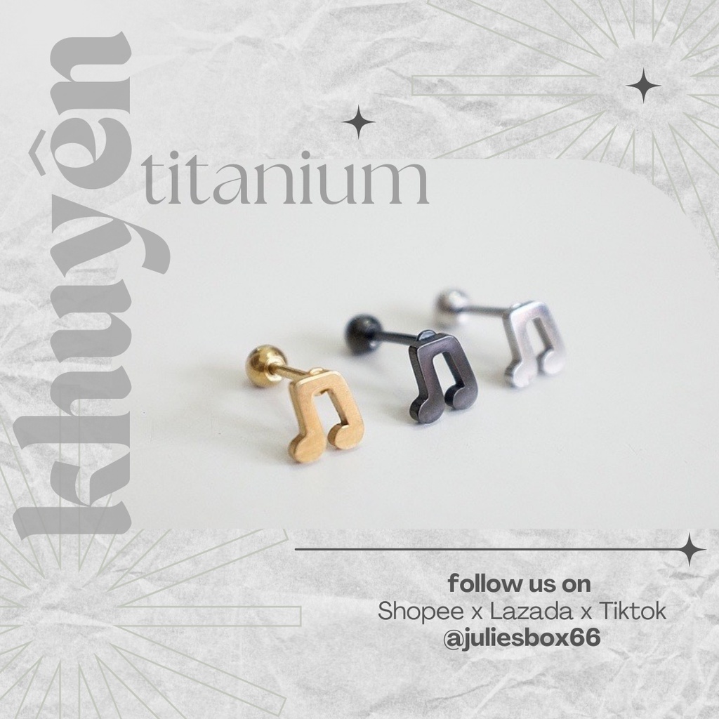 [Bán Theo Chiếc] Khuyên Tai Unisex Màu Bạc Đen Vàng Hình Nốt Nhạc Titan Không Gỉ Sét Không Ngứa Đuôi Bi
