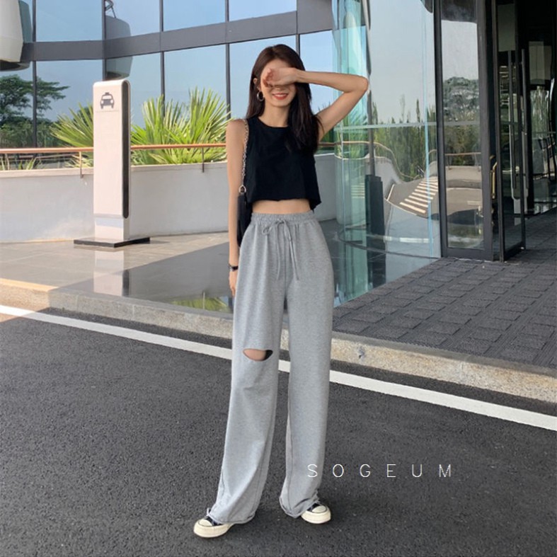 Quần ống rộng nữ vải da cá, dáng suông dài cạp cao rách gối unisex