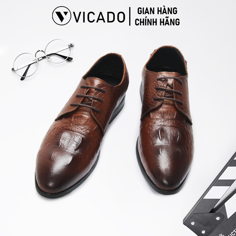 Dây Giày tăng chiều cao nam da bò cao cấp công sở Oxford Vicado VA0121 màu nâu buộc dây vân cá sấu