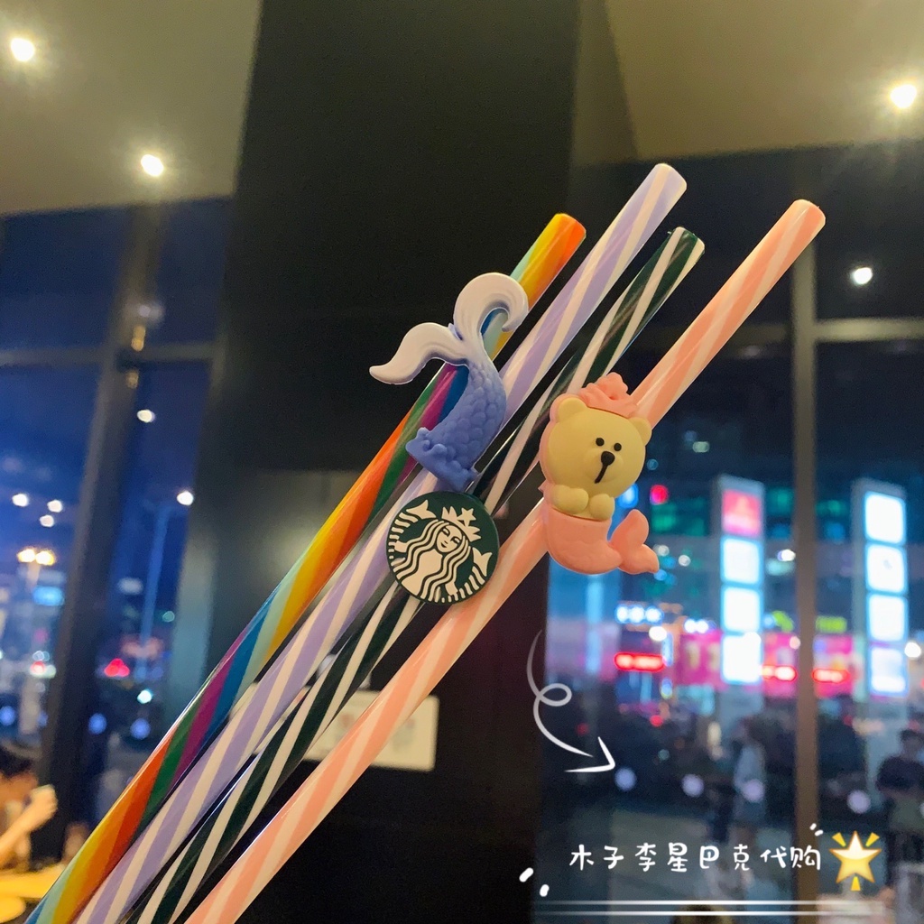 Bộ 3 Ống Hút Starbucks Có Nắp Đậy Chống Bụi Hình Nàng Tiên Cá Dễ Thương Sáng Tạo Có Thể Tái Sử Dụng