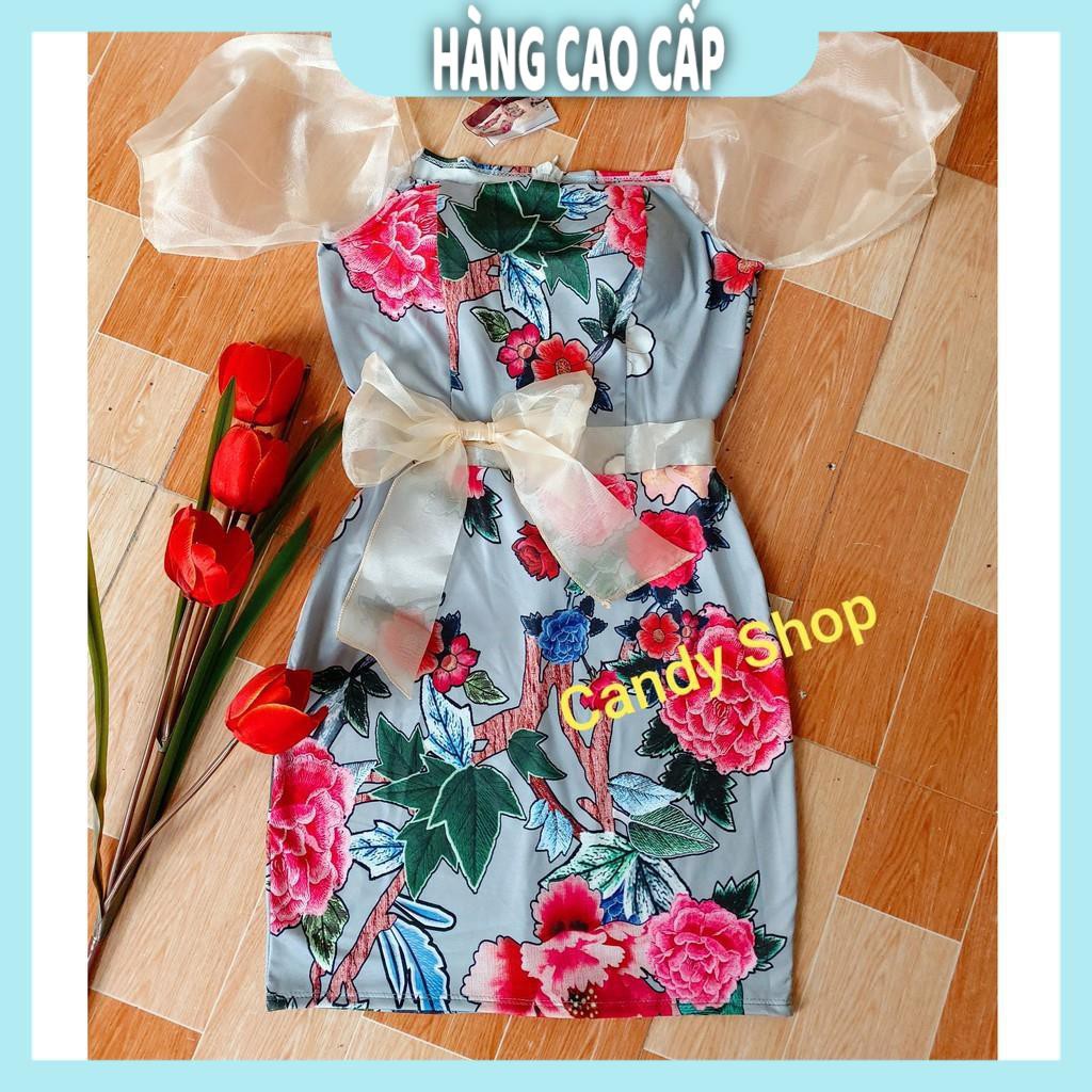 Đầm Nữ - Đầm body hoa hồng tay phồng phối nơ kèm Mút + Ảnh thật (HÀNG SIÊU ĐẸP) | BigBuy360 - bigbuy360.vn