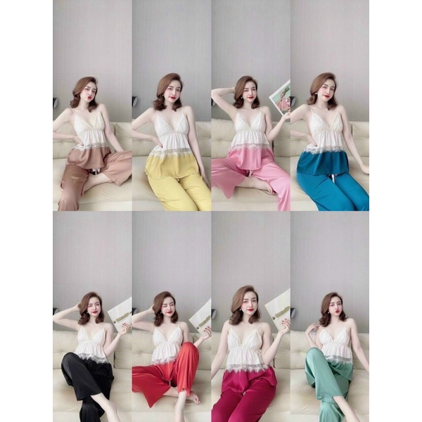 Set bộ ngủ dài hai dây lụa satin phối lưới có mút cao cấp | BigBuy360 - bigbuy360.vn