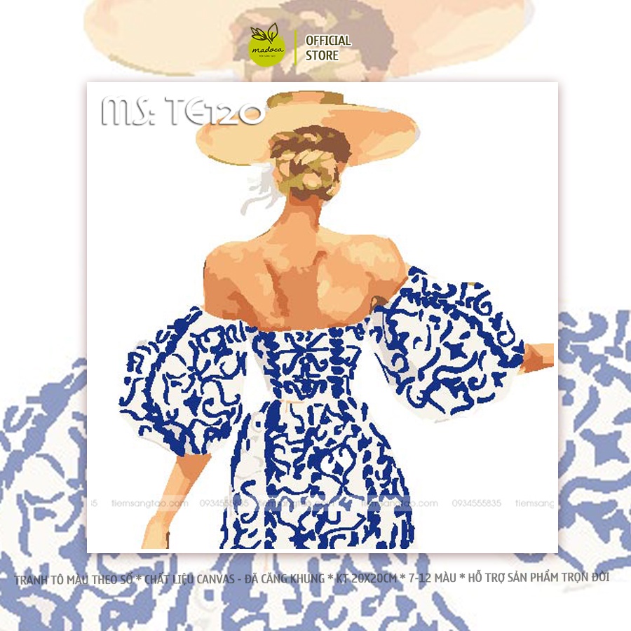 Tranh tô màu theo số Madoca khung 20x20cm quý cô đầm xanh kiêu sa TE120