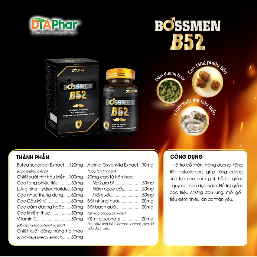 Hộp 30 viên uống tăng cường sinh lý nam Bossmen B52 DTAPhar hỗ trợ bổ thận, tráng dương