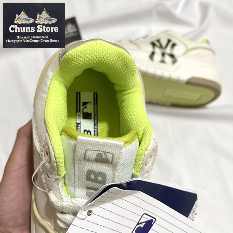 Giày MLB chunky Ofwhite x Mcqueen NY trắng kem vàng da nhăn cao cấp