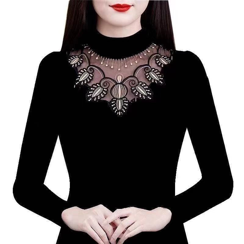 Áo Thun Nữ Dài Tay Cổ Lọ Phối Ren Thời Trang