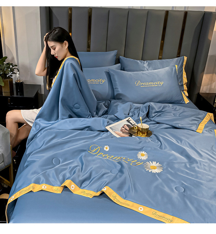 Spring and Summer New Simple and Light Luxury Embroidered Washed Silk Summer Quilt Four-Piece Set Smooth Cool Bedding Airable Cover