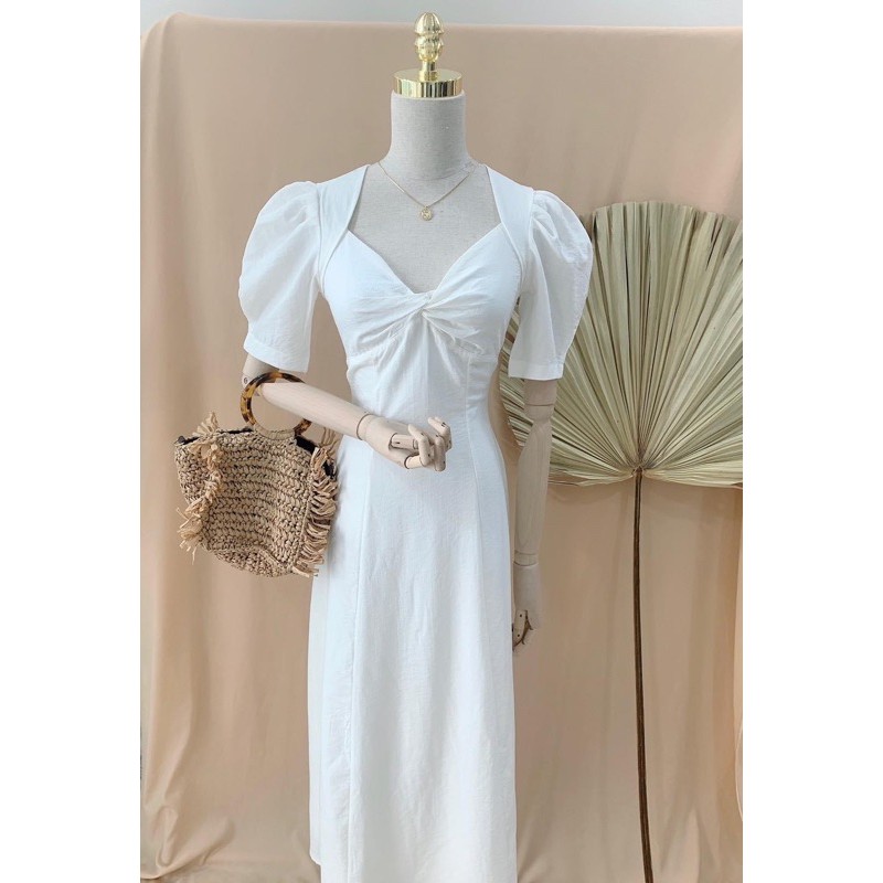 Đầm Maxi Trắng xoắn Ngực Tay Phồng | BigBuy360 - bigbuy360.vn