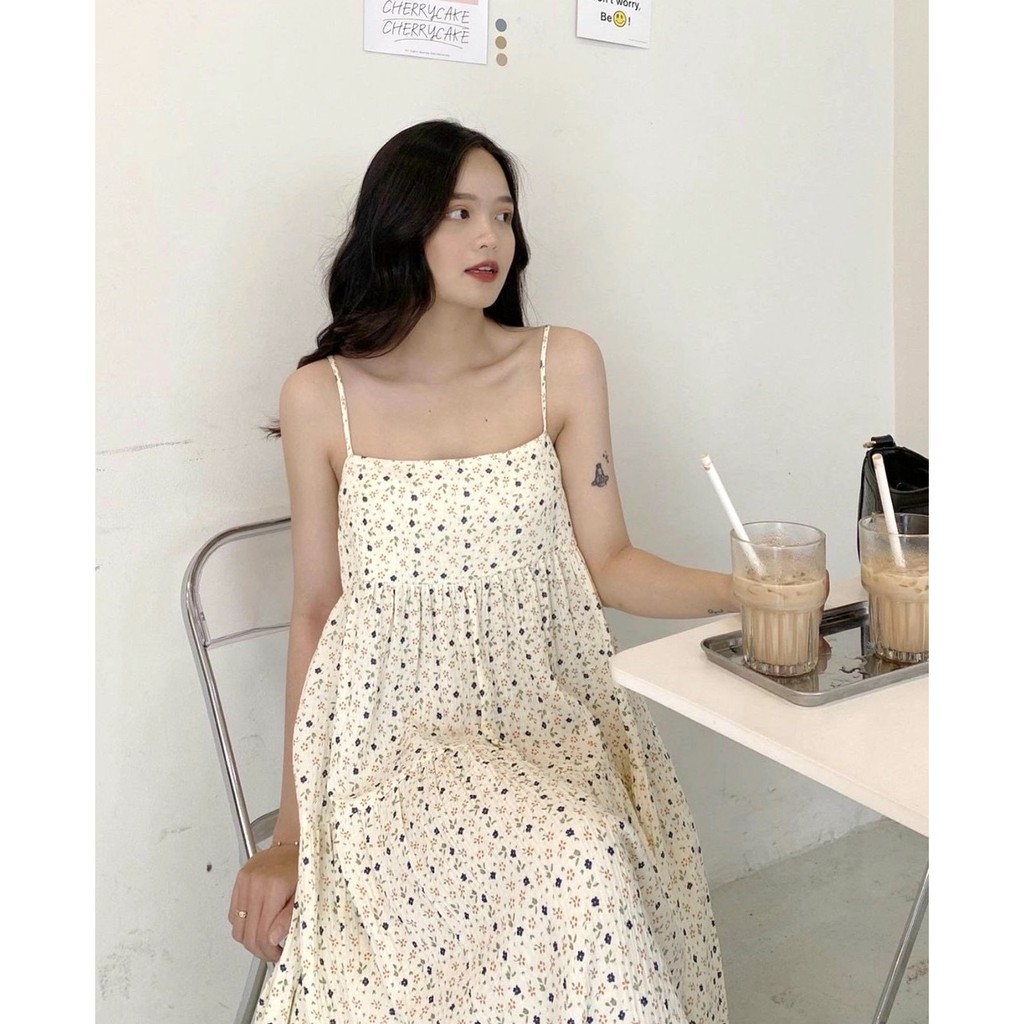 Váy 2 Dây Hoa Vàng Liti Nữ [FREESHIP] 🌸 Đầm maxi đi biển dáng suông dài, babydoll vintage bánh bèo Ulzzang HOT 🌸 | BigBuy360 - bigbuy360.vn