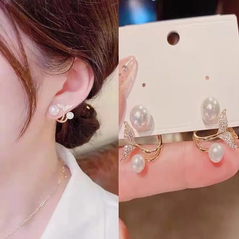 1 Đôi Bông Tai Hình Đuôi Cá Đính Ngọc Trai Nhân Tạo Đơn Giản Dành Cho Nữ