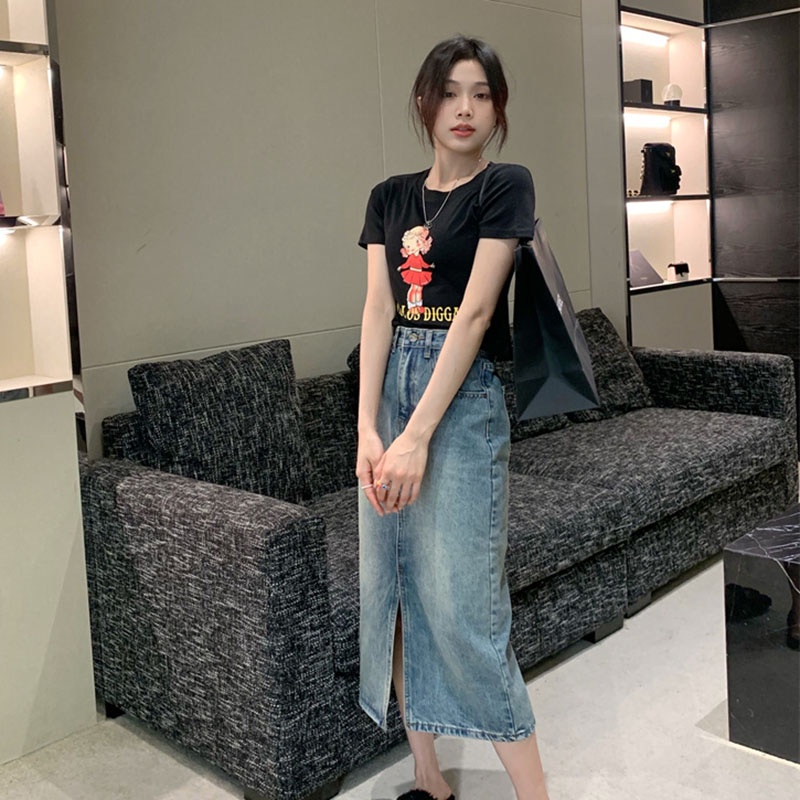 Chân váy jean IELGY dáng chữ A lưng cao phong cách retro dành cho nữ