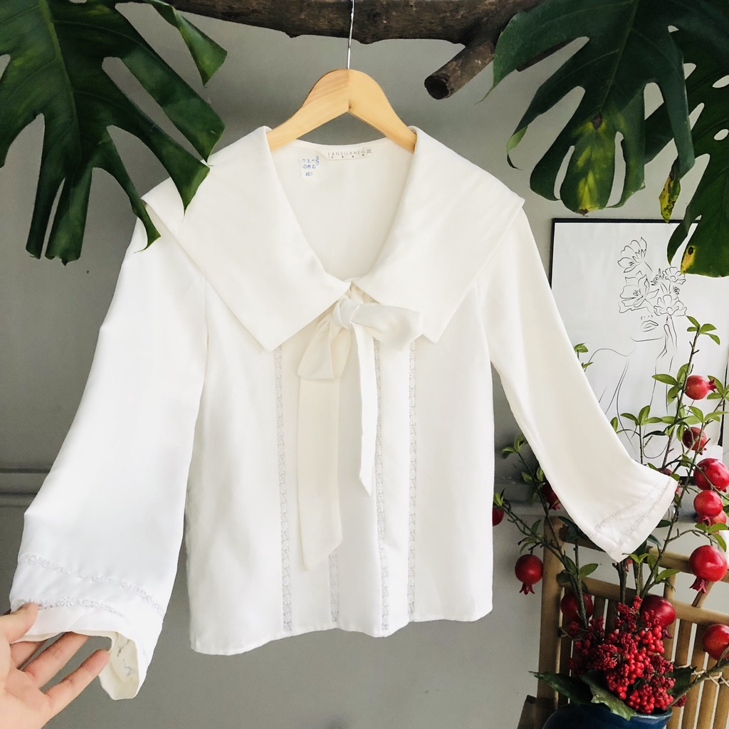 Áo somi sơ mi họa tiết kiểu vintage màu trắng phối nơ - Đồ si tuyển - Áo xô Hàn Quốc A80