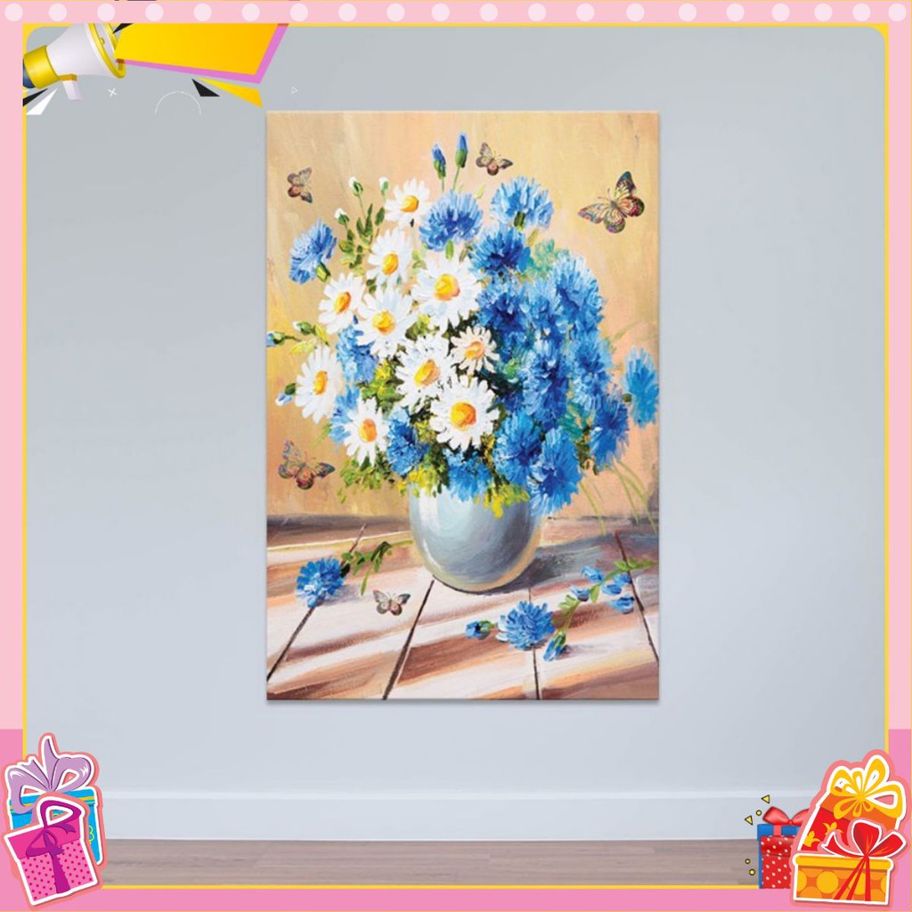 [Giảm 10k phí ship] Tranh treo tường hoa lá “Lọ hoa cúc đồng tiền xanh” W4171 bao gồm khung, khoen, tặng quà