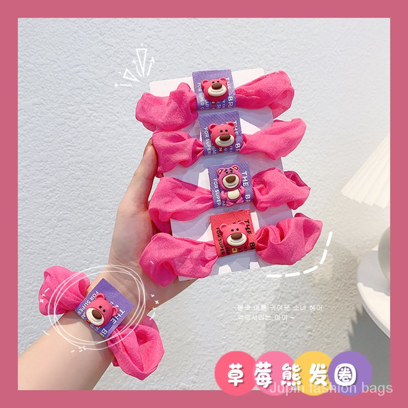 Dây cột tóc co giãn màu hồng họa tiết chú gấu dâu tây dễ thương thời trang mùa hè cho nữ 2021