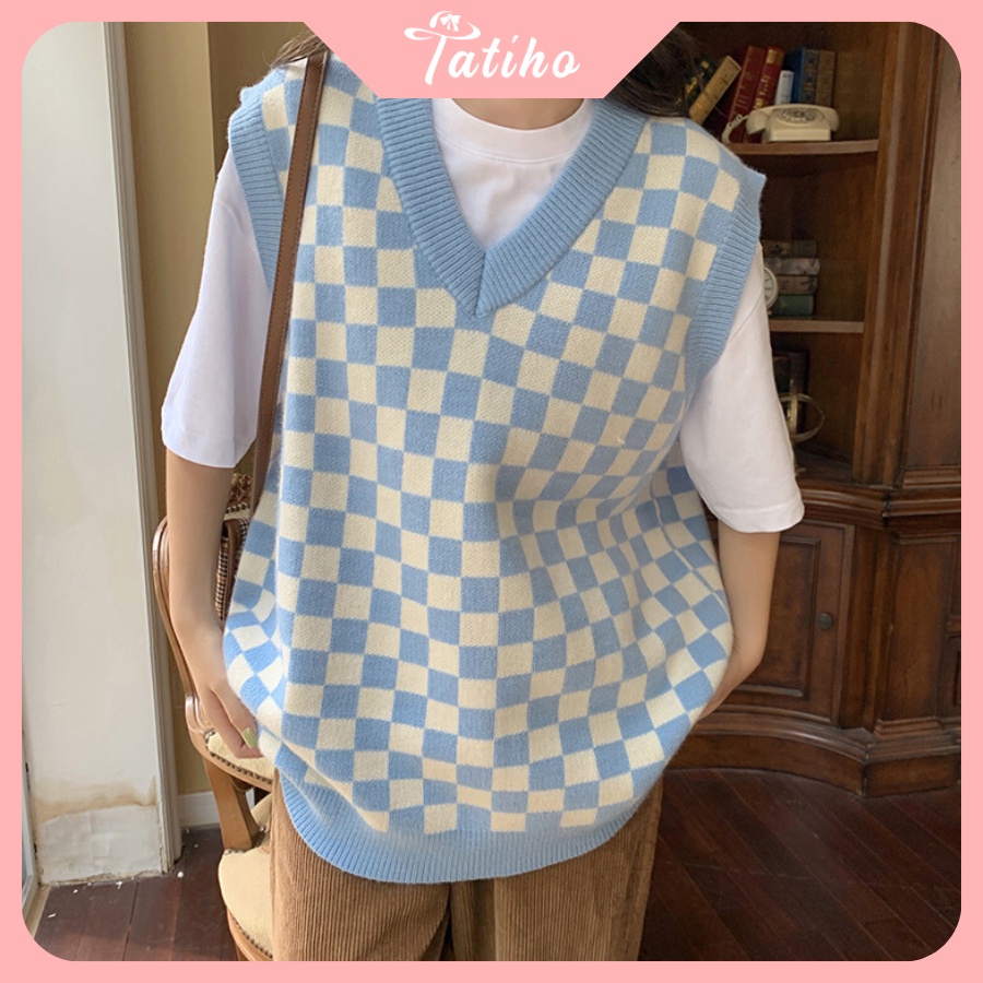 Áo Gile Len Trơn ( Áo Không Tay) Thời Trang Vintage Họa Tiết Caro Hottrend Thời Trang Thu Đông - Tatiho - Mã AK015
