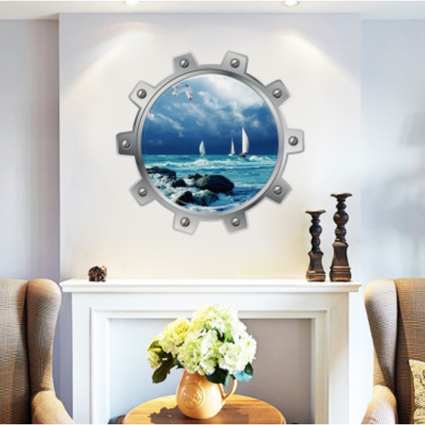 Decal trang trí tường - Khung cửa sổ tròn cảnh du thuyền trên biển