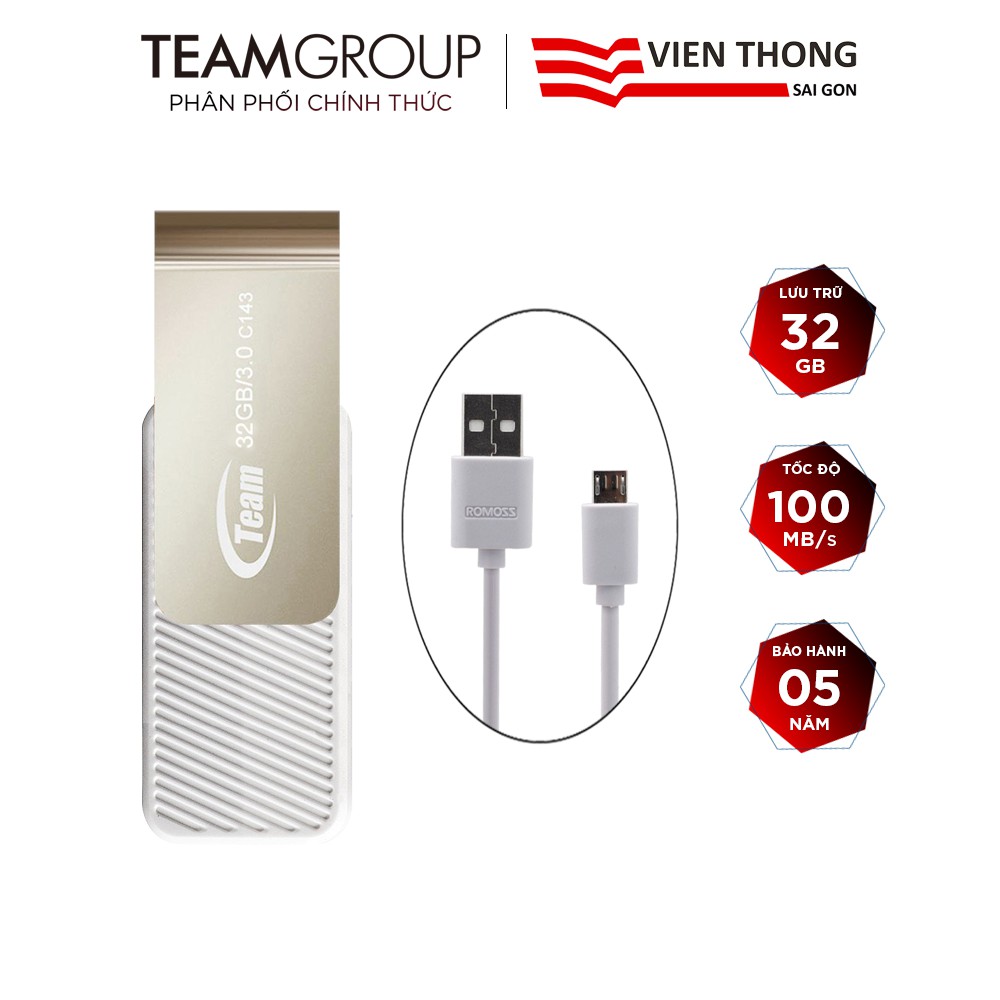 USB 3.0 Team Group C143 32GB tốc độ upto 80MB/s + Cáp micro USB tròn Romoss - Hãng phân phối chính thức