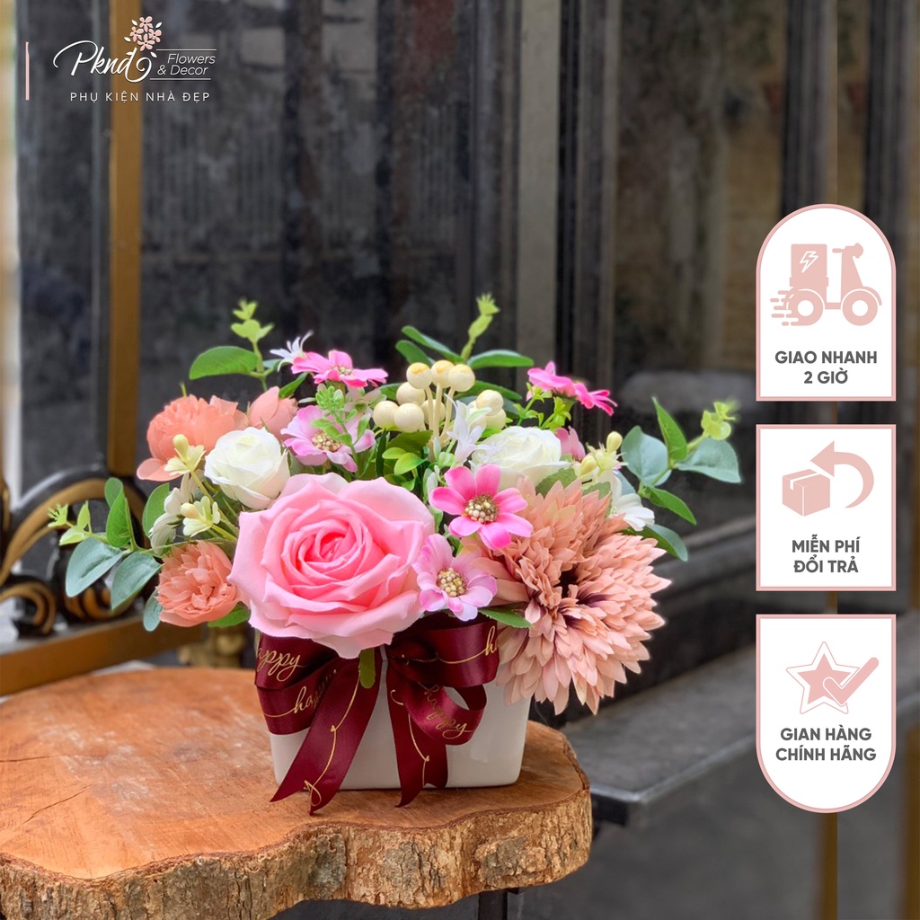 Chậu hoa giả chất lụa mềm mại trang trí đẹp PKND FLOWERS &amp; DECOR