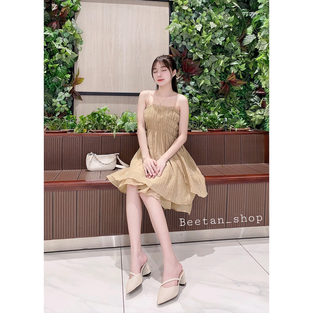 Set váy hai dây màu nâu tây siêu xinh tặng kèm áo khoác cardigan D28