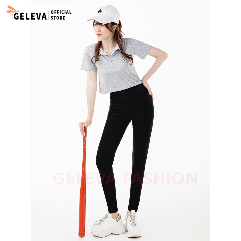 Áo polo croptop nữ tay ngắn có cổ vải cotton co dãn màu ghi Geleva GE918