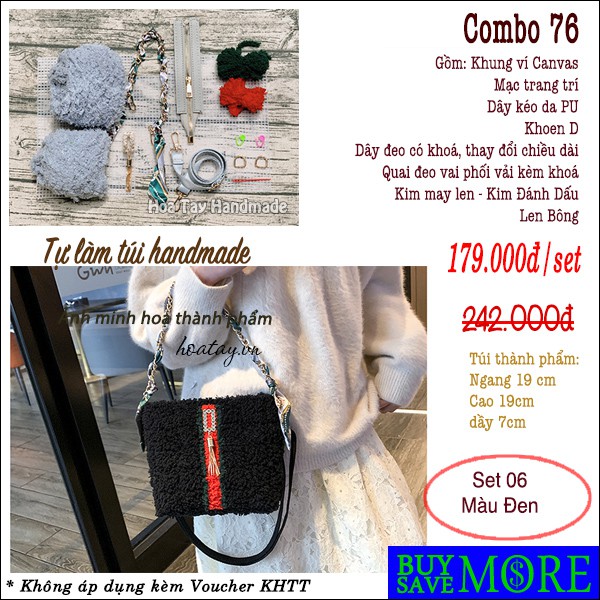 Combo 76 - Tự làm túi handmade kiểu túi vuông, dây đeo phối vải sang trọng, Bộ nguyên liệu đầy đủ.