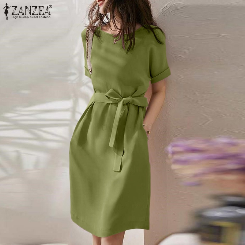 Đầm ZANZEA ngắn tay cổ tròn màu trơn thanh lịch tao nhã cho nữ