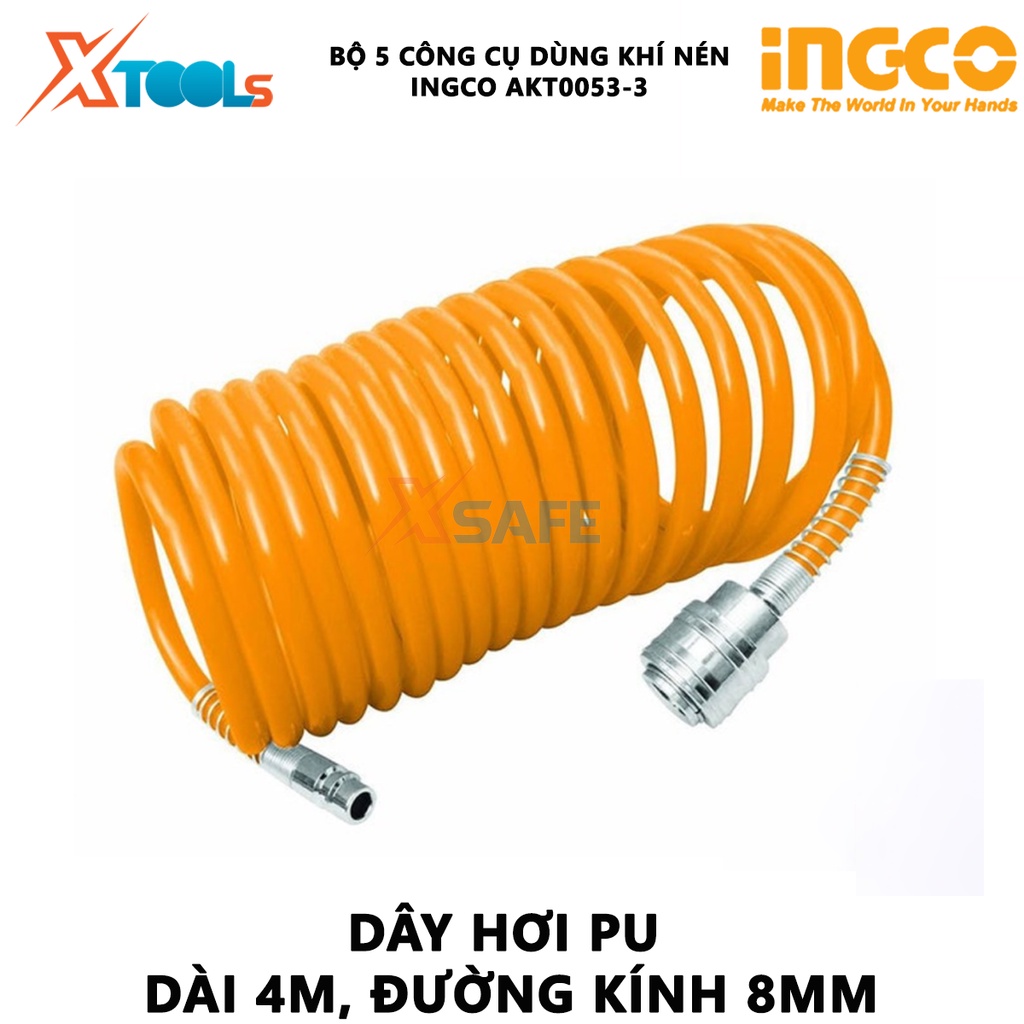 Bộ 5 công cụ dùng khí nén INGCO AKT0053-3 | dụng cụ xịt hơi 5 chi tiết, Đầu nối kiểu Nitto, Dây hơi xoắn kèm đầu nối 4m,