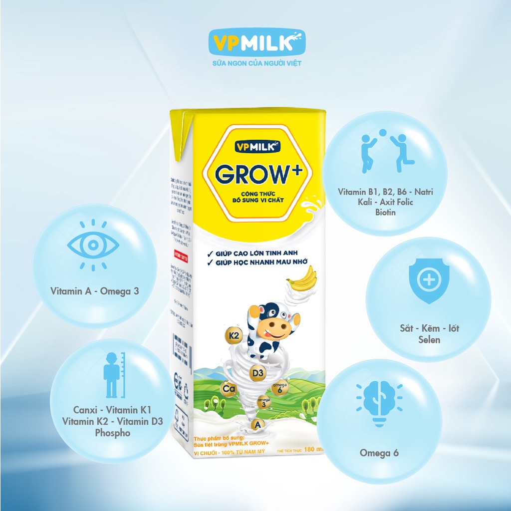 Sữa tiệt trùng VPMilk Grow+ Vị Dâu, Vị Chuối 180ml (lốc 4 hộp)