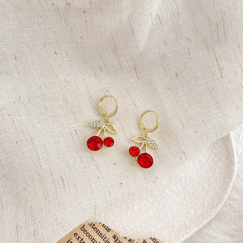 Bông Tai Mạ Bạc 925 Hình Quả cherry Đỏ Phong Cách Hàn Quốc Dễ Phối Đồ