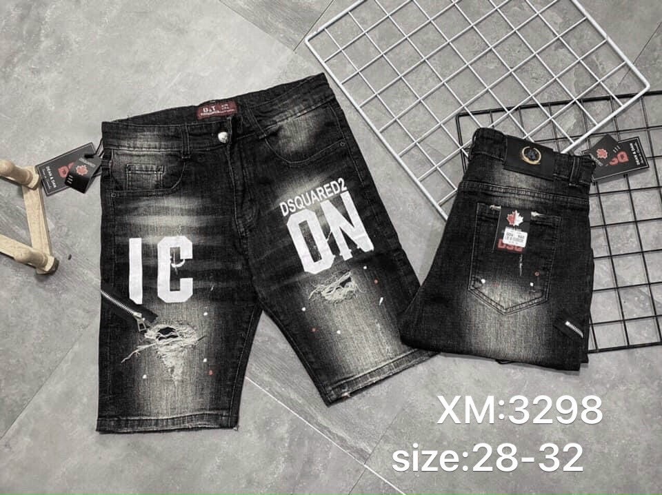 (CÓ VIDEO) Quần short jean nam DSQ đen rách phối IC.ON trên gối cao cấp