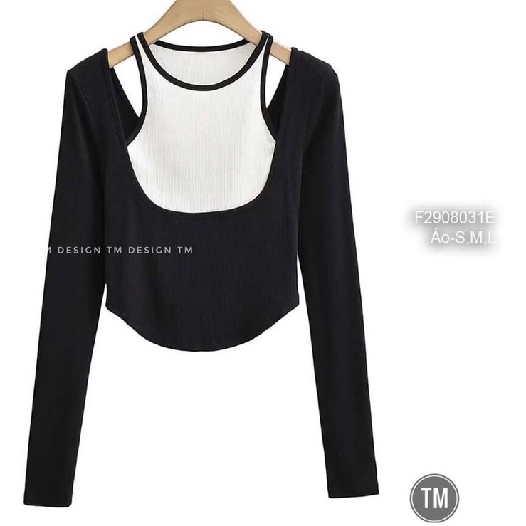 Áo kiểu dài tay phối yếm màu khoét vai CHẤT TT3008