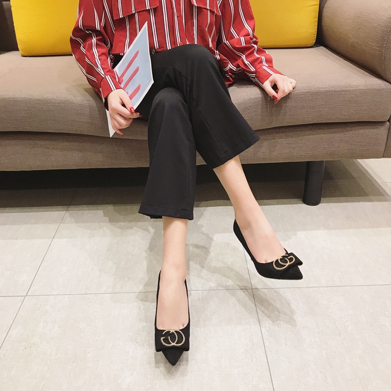 Giày Cao Gót 7Cm 9Cm Mũi Nhọn Màu Đen Thiết Kế Mới Quyến Rũ Thời Trang