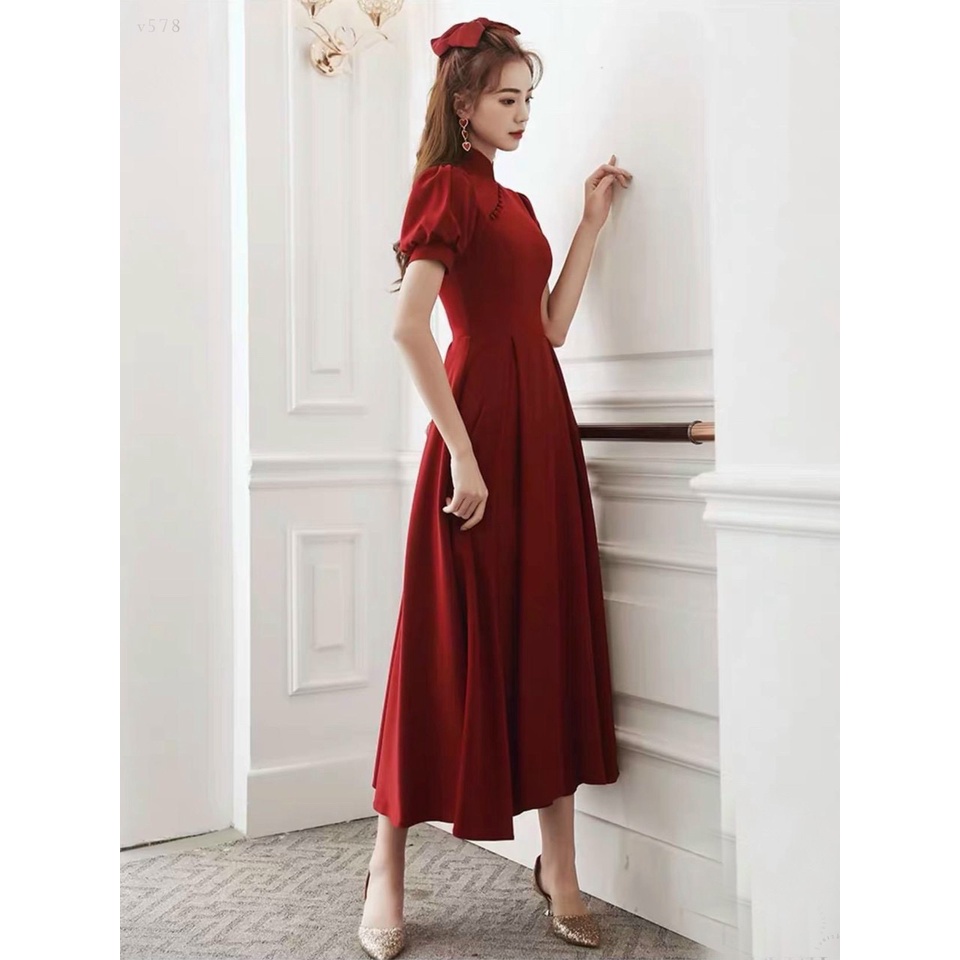 Đầm váy freesize đỏ cổ áo dài