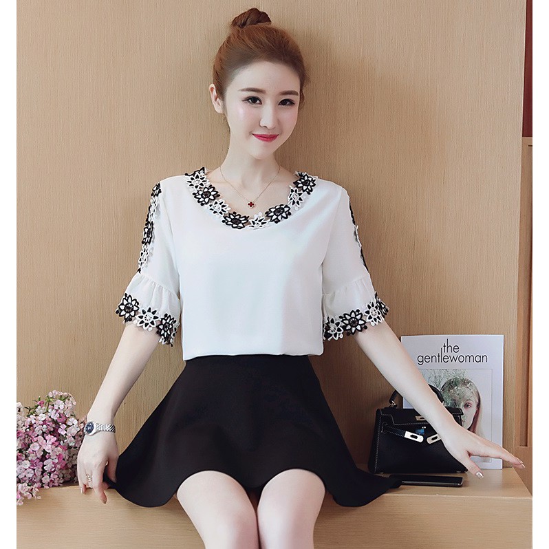 Áo sơ mi nữ công sở GIÁ SỈ kiểu phối ren hoa tay và cổ | BigBuy360 - bigbuy360.vn