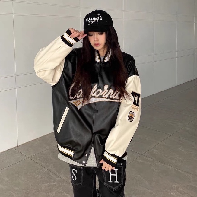 Áo Khoác Da Varsity Jacket Unisex From Rộng 2 Lớp Hình Thêu 100%