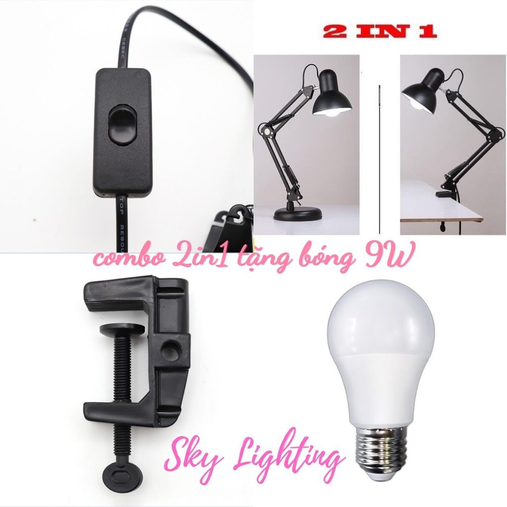 Đèn kẹp bàn pixar kèm đế tròn đa năng 2 trong1 tặng bóng led 9w ánh sáng trắng hoặc vàng