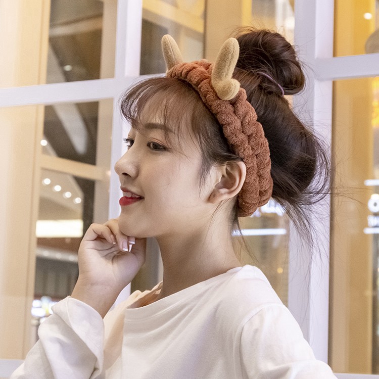 Fashion Women Elastic Antlers Headband,Washing Face Soft Hair Bands,Lady Cute Christmas Elk Headwear