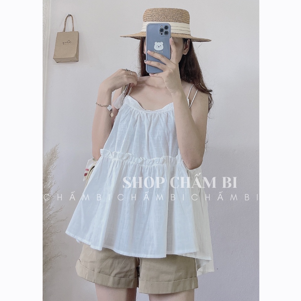 Áo hai dây nữ A.235, Áo babydoll dáng xòe thắt dây nơ chuông cổ yếm bèo ngực style Hàn Quốc